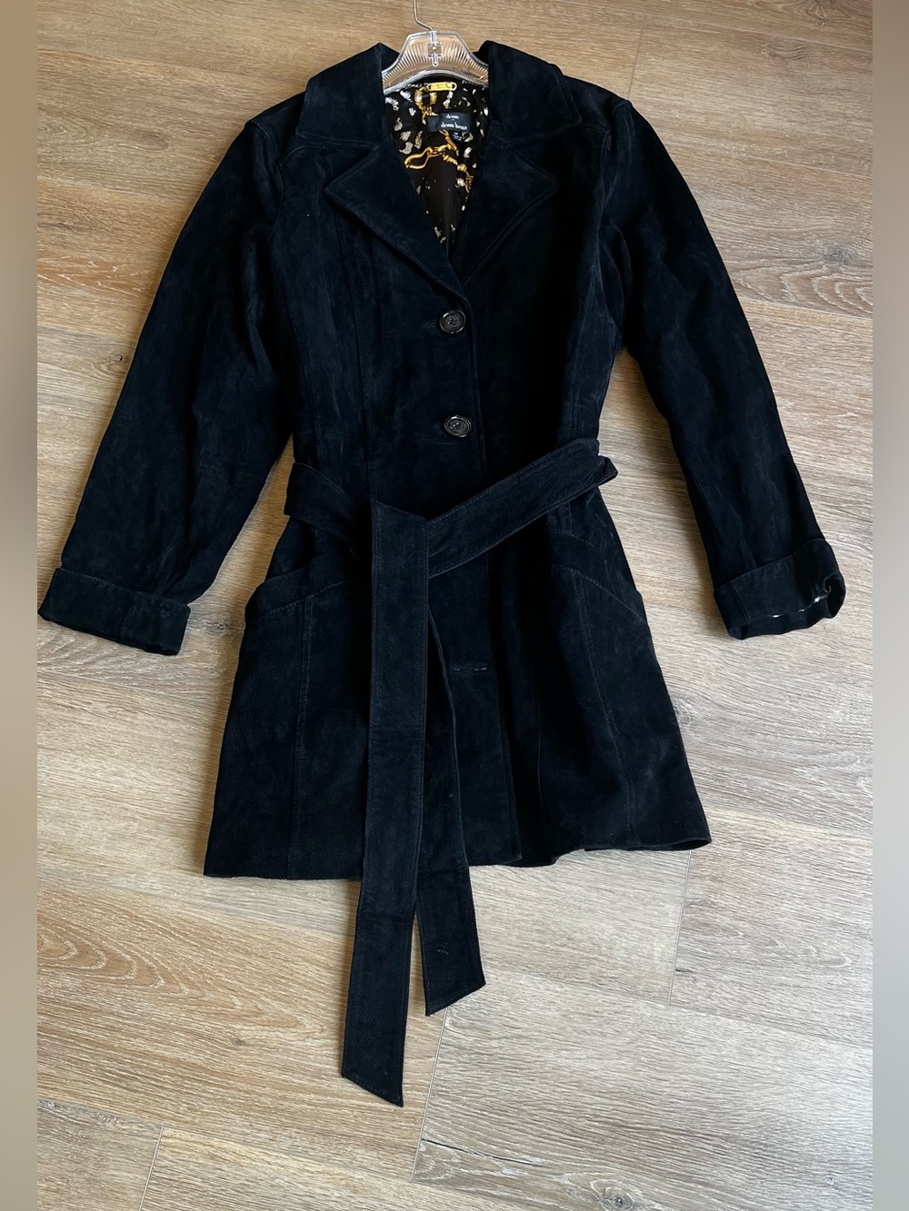 Vintage 100% leather dennis basso Black Suede Belted Trench Coat size Medium